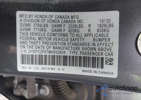 2021 Honda Civic Lx z USA, uszkodzony, nr VIN 2HGFC2F67MH500605